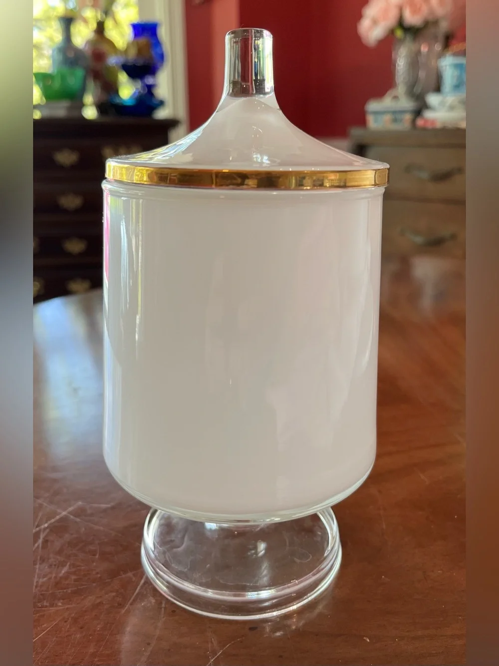 West Virginia Glass White Frosted Blue Roses Pedestal Apothecary Jar w Lid